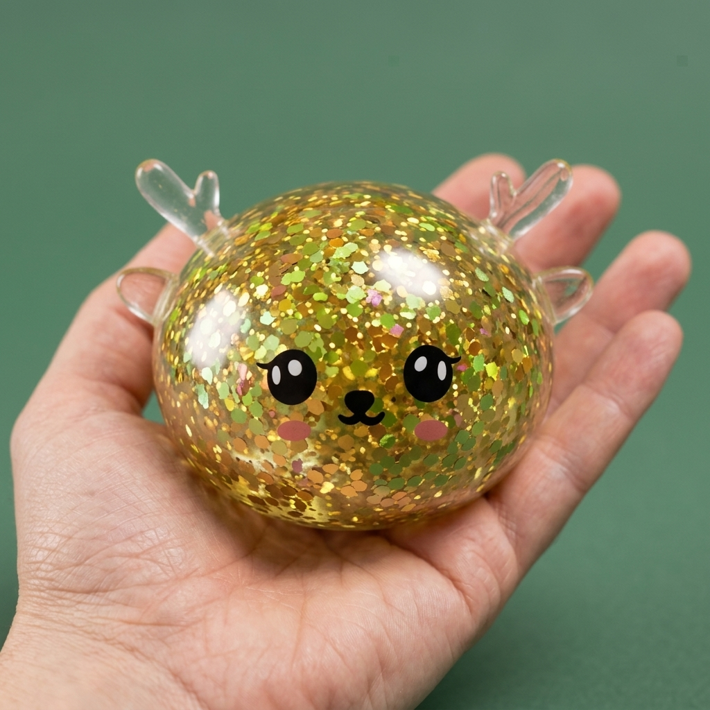 Glitter Dumpling Squishy Mystery Poro kädessä — kokovertailu