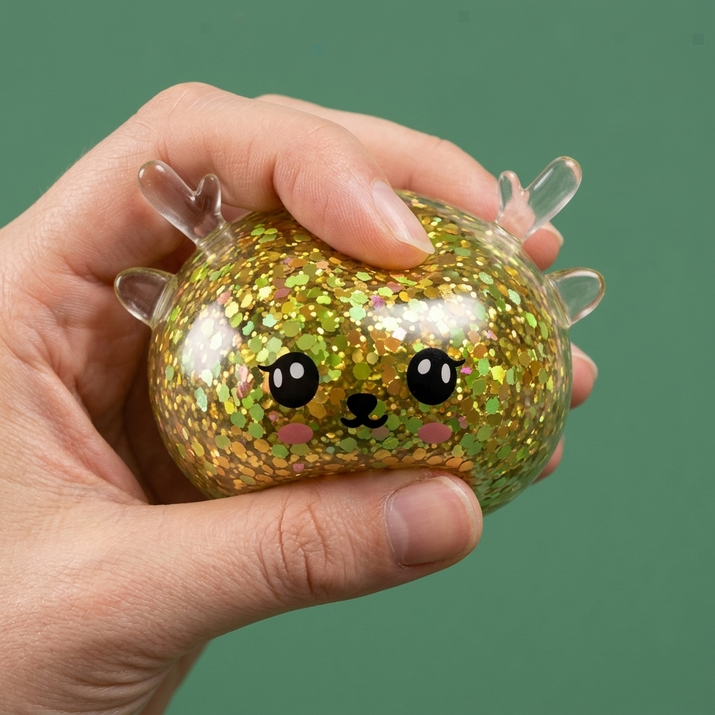 Glitter Dumpling Squishy Mystery Poro puristettuna kädessä