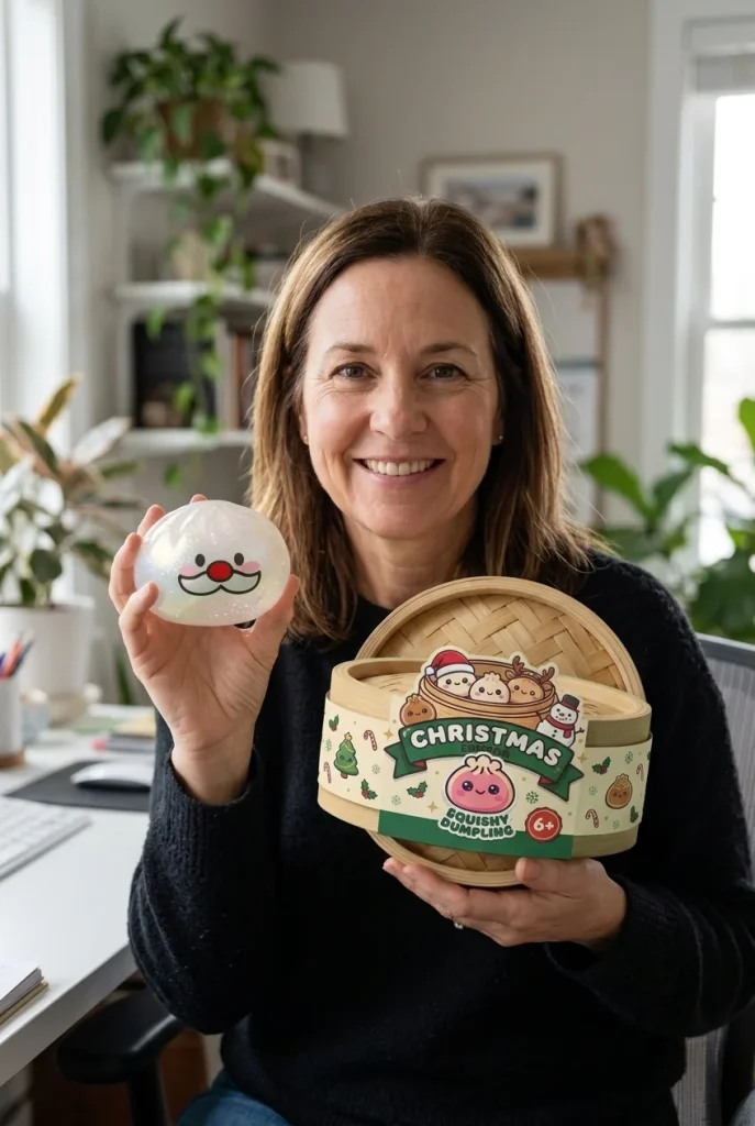 Dumpling Squishy Mystery Joulupukin Viikset pakkauksensa kanssa