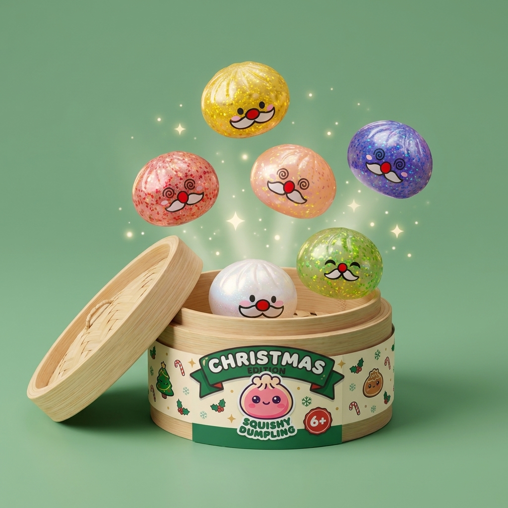 Dumpling Squishy Mystery Joulupukin Viikset puristettuna kädessä