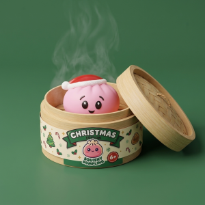Christmas Hat Dumpling Squishy Pinkki Sokeri bambutyylisessä höyrytyskorissa