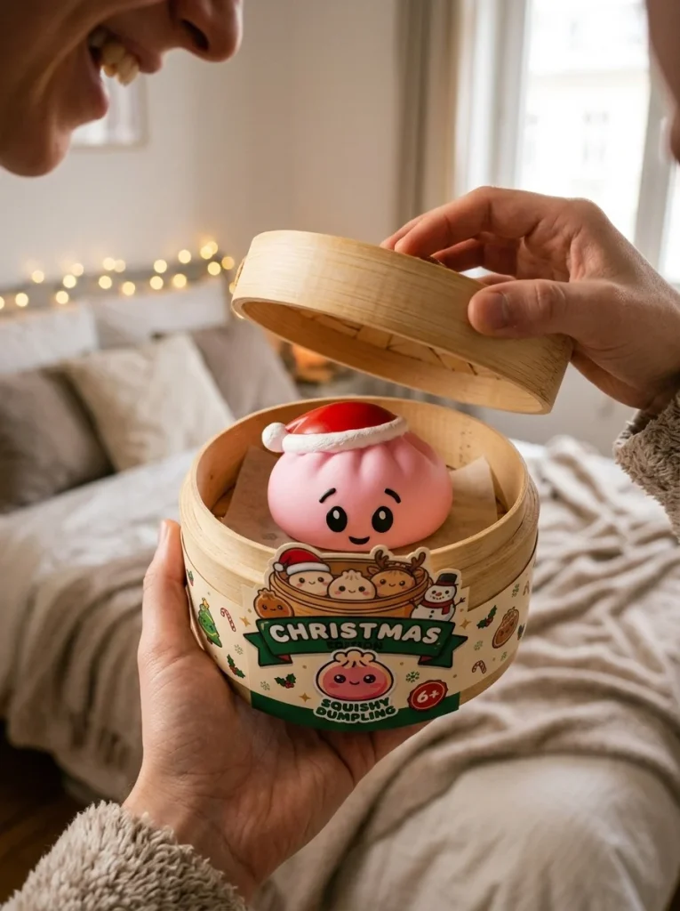 Christmas Hat Dumpling Squishy Pinkki Sokeri avauksen hetkellä