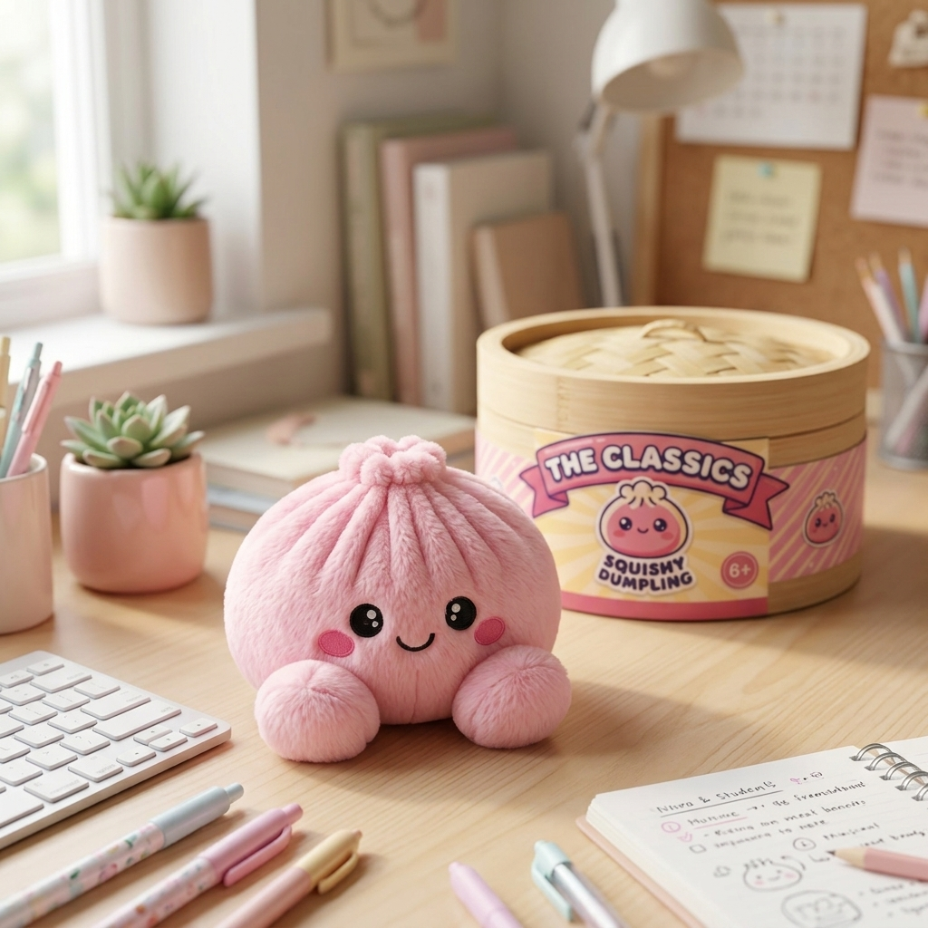 Dumpling Squishy Pioni Pinkki Pehmolelu arkisessa asetelmassa