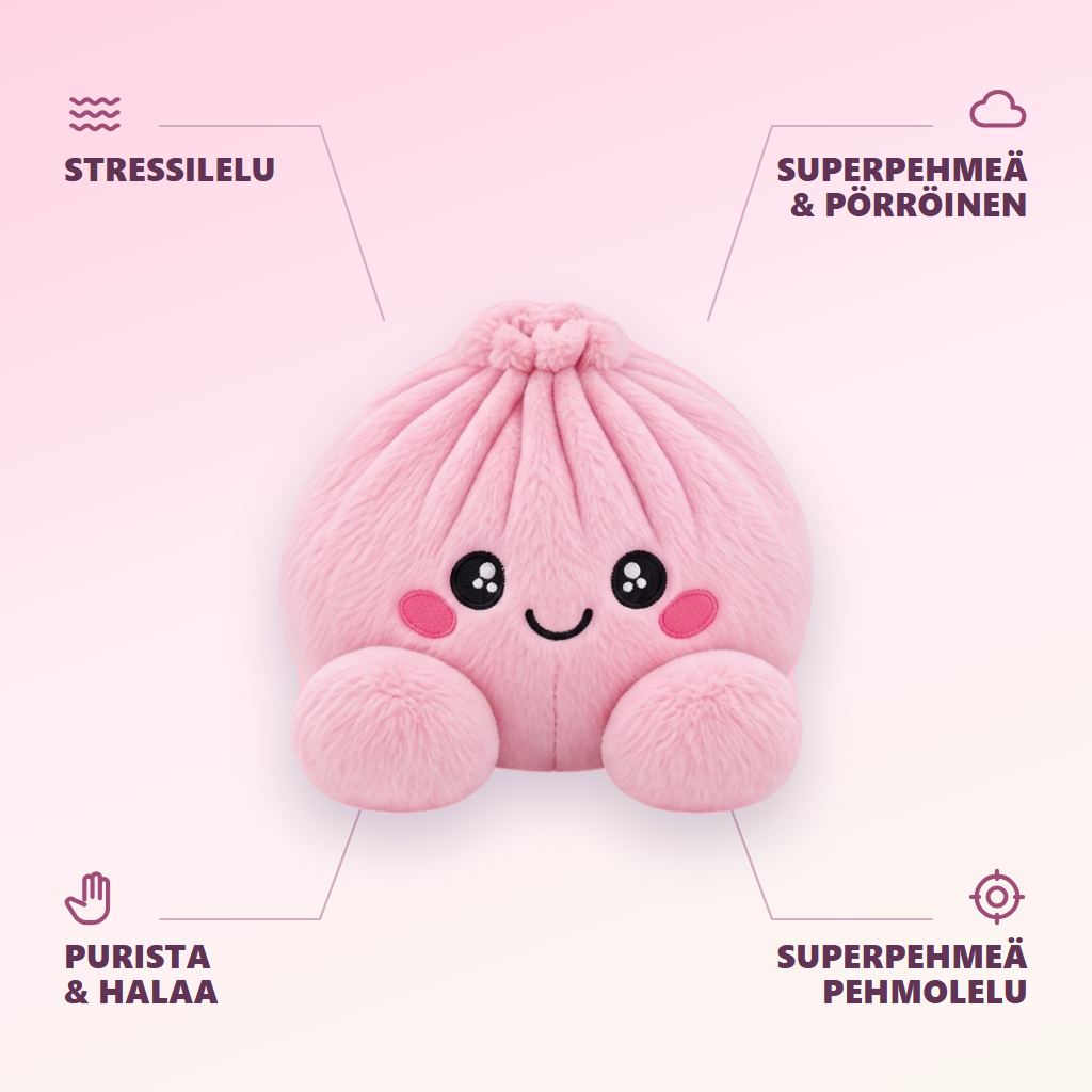 Dumpling Squishy Pioni Pinkki Pehmolelu infografiikka: tärkeimmät edut