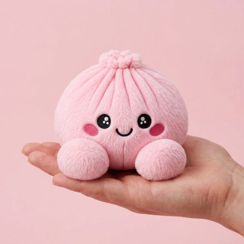 Dumpling Squishy Pioni Pinkki Pehmolelu kädessä — kokovertailu