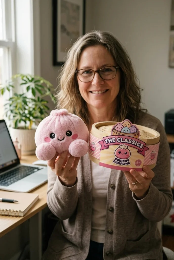 Dumpling Squishy Pioni Pinkki Pehmolelu pakkauksensa kanssa
