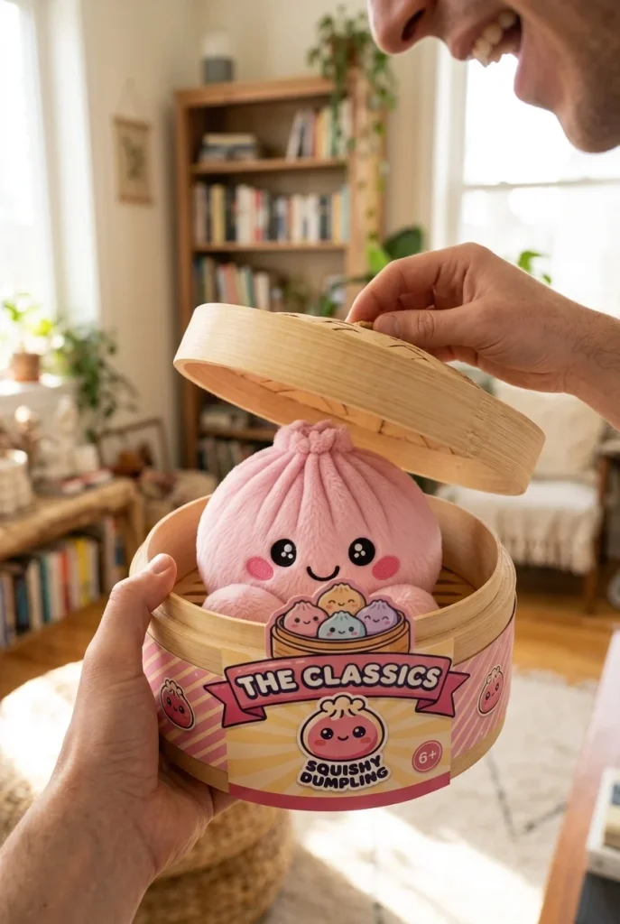 Dumpling Squishy Pioni Pinkki Pehmolelu avauksen hetkellä