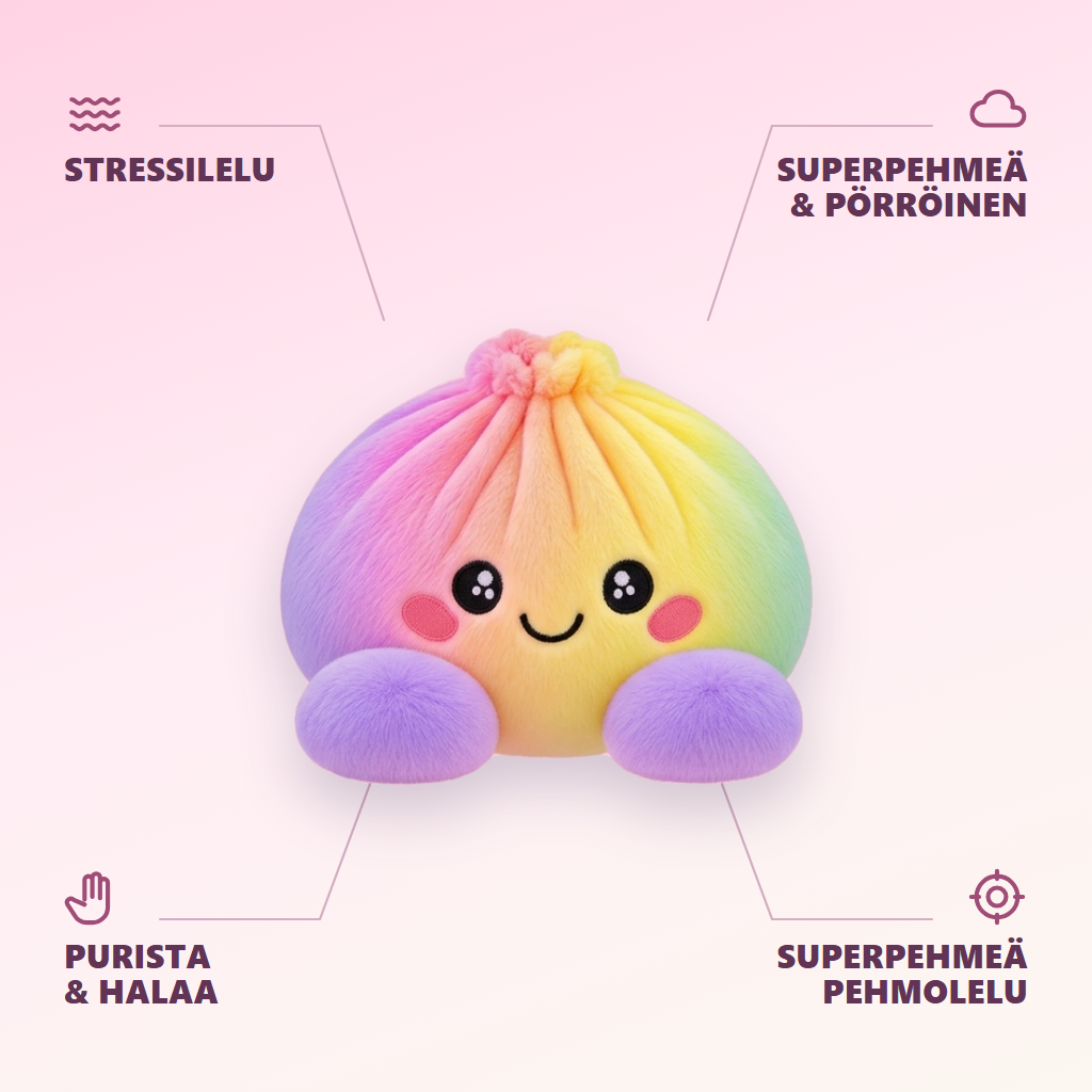 Rainbow Dumpling Squishy Pastellisävyt infografiikka: tärkeimmät edut