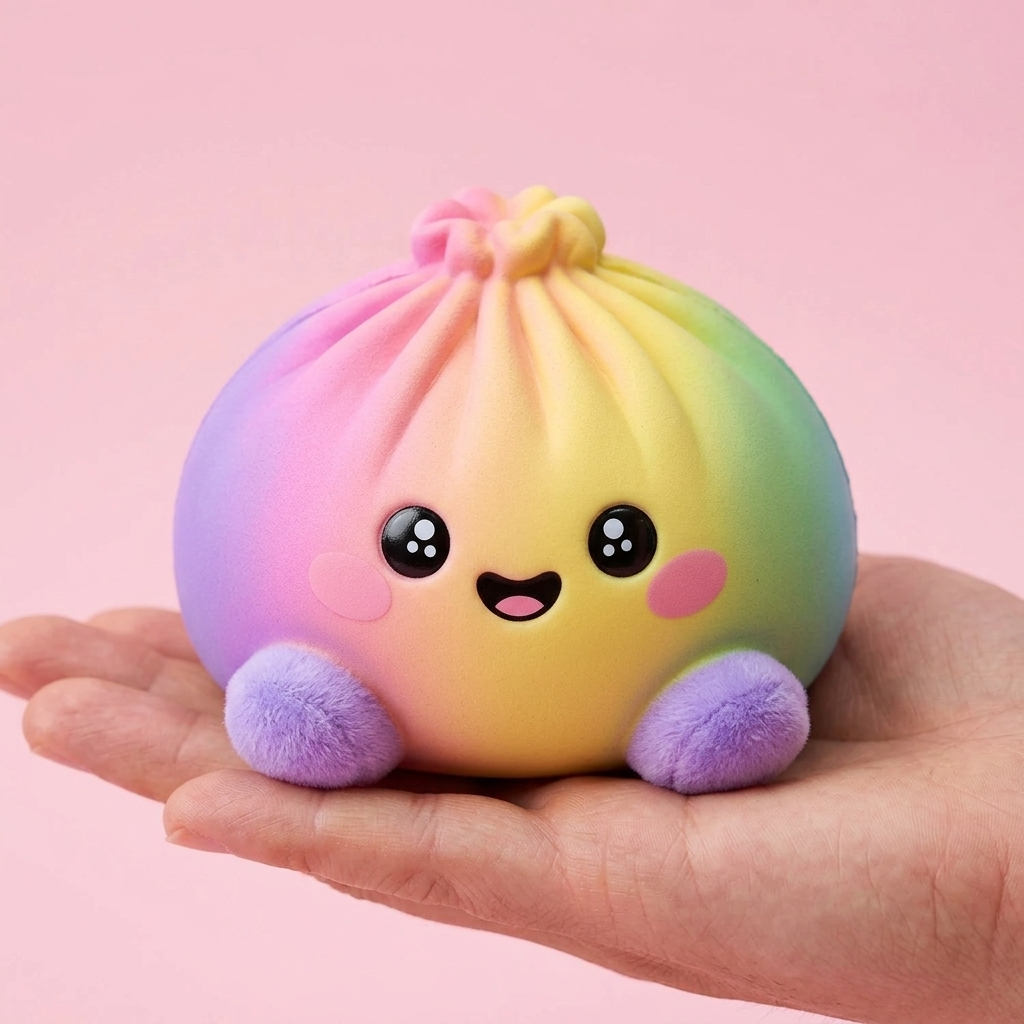 Rainbow Dumpling Squishy Pastellisävyt kädessä — kokovertailu