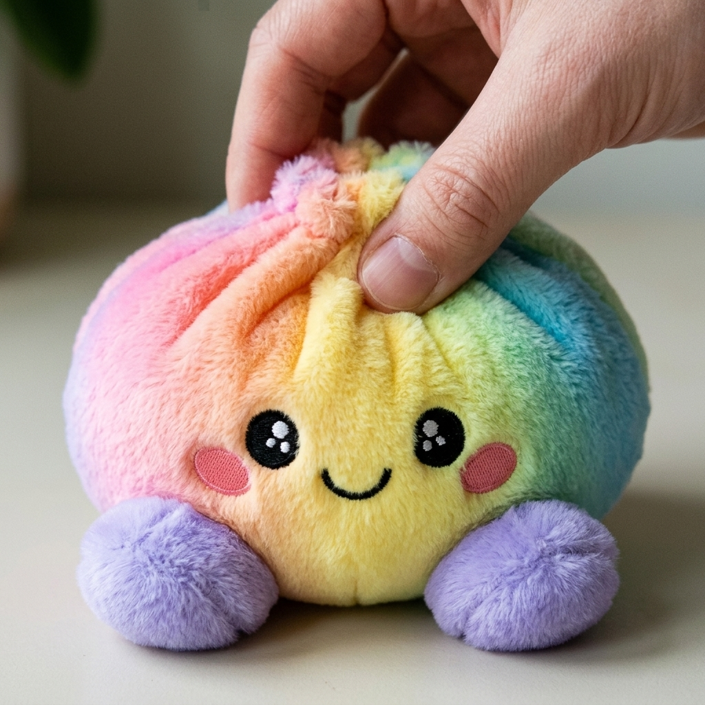 Rainbow Dumpling Squishy Pastellisävyt puristettuna kädessä