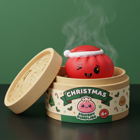 Dumpling Squishy Joulupipo Punainen bambutyylisessä höyrytyskorissa