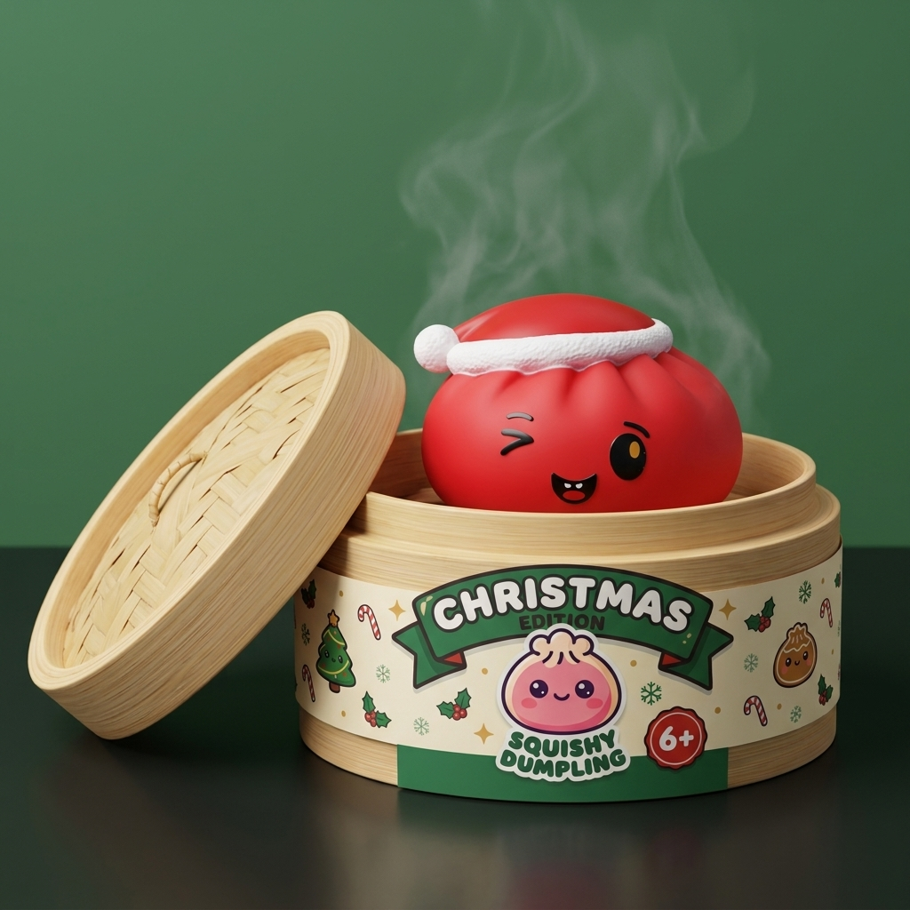 Dumpling Squishy Joulupipo Punainen bambutyylisessä höyrytyskorissa