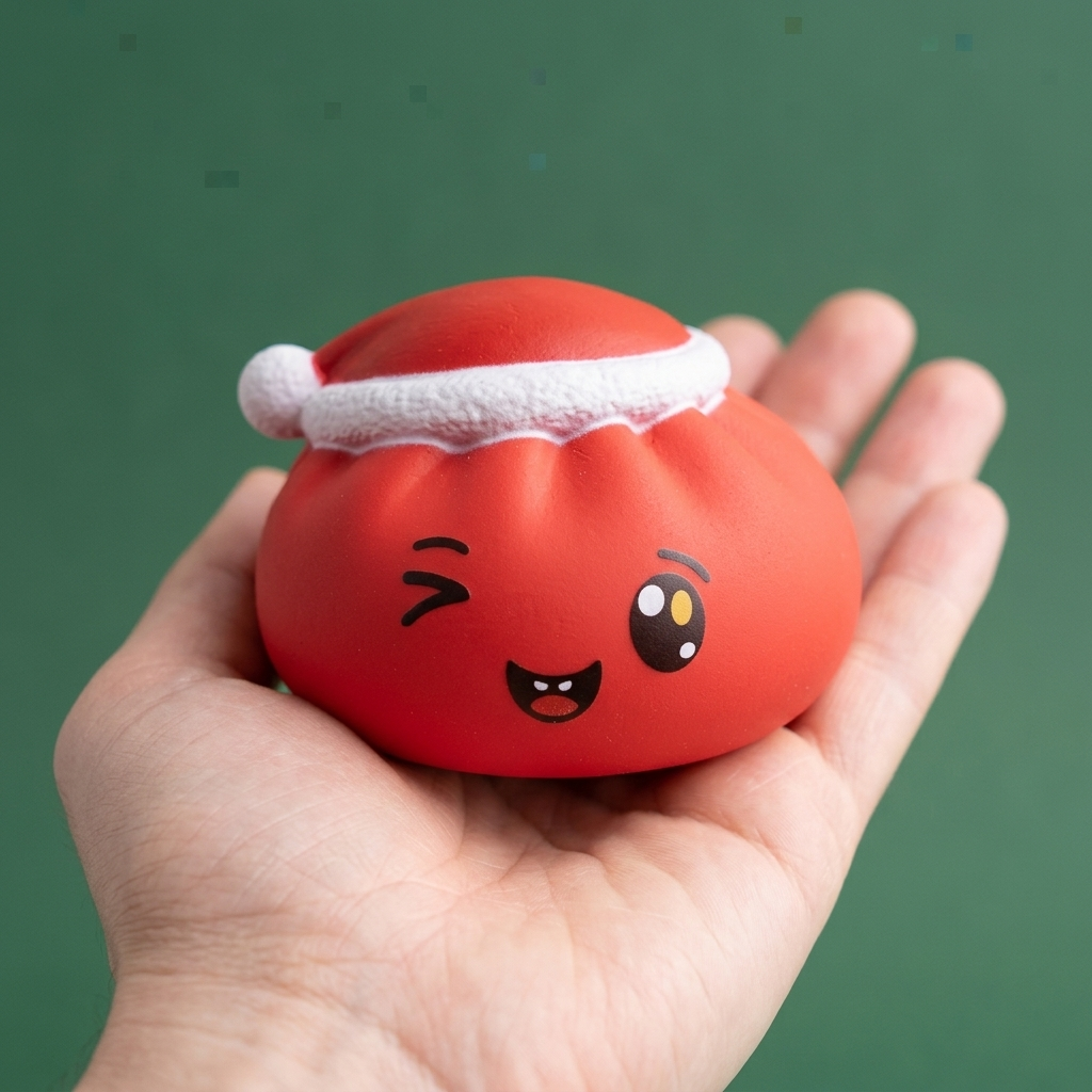 Dumpling Squishy Joulupipo Punainen kädessä — kokovertailu