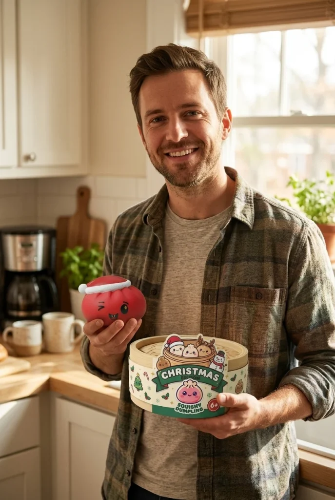 Dumpling Squishy Joulupipo Punainen pakkauksensa kanssa