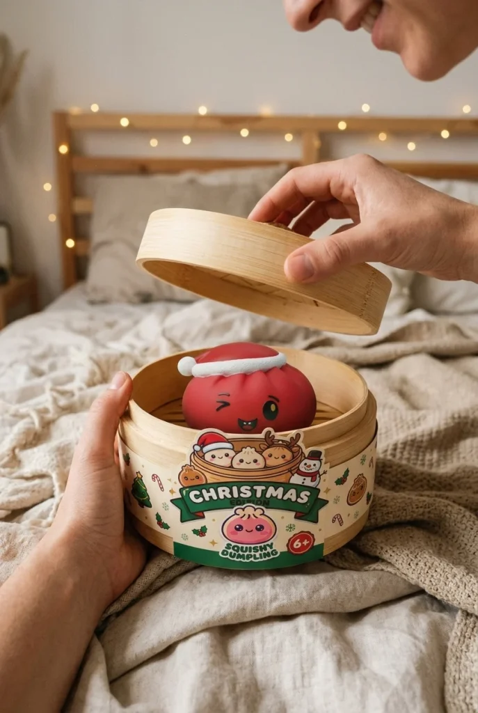 Dumpling Squishy Joulupipo Punainen avauksen hetkellä