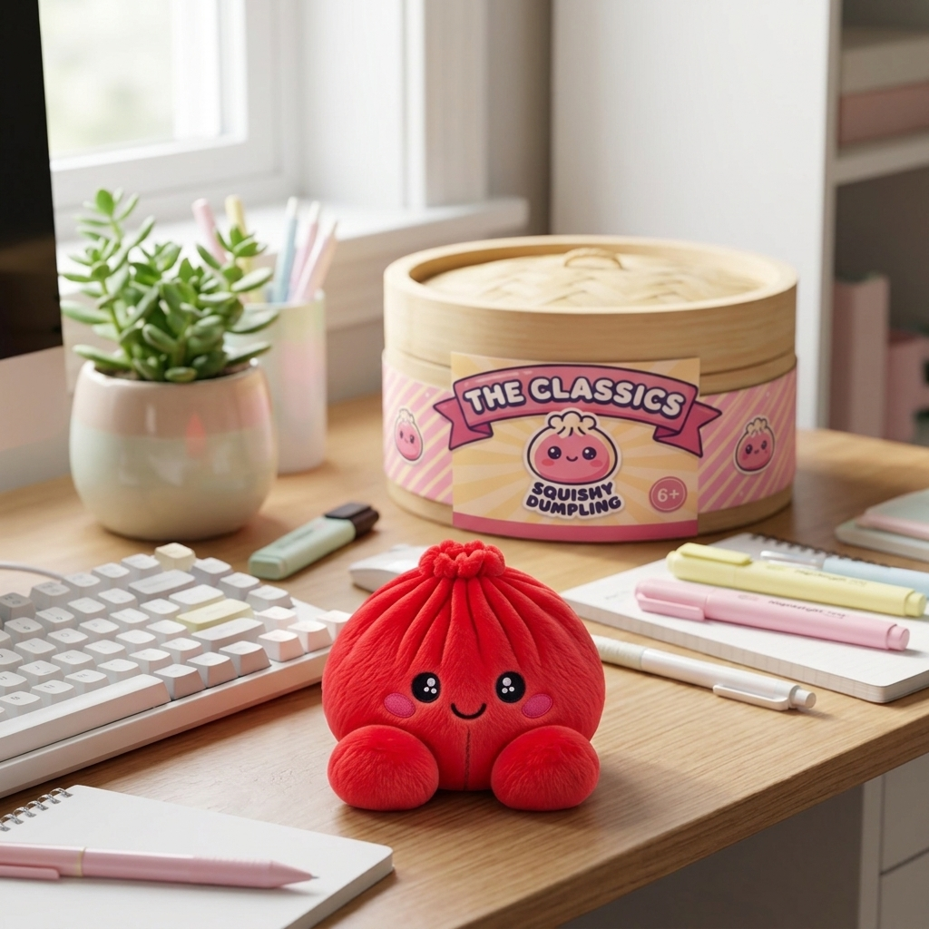 Dumpling Squishy Rubiininpunainen Pehmolelu arkisessa asetelmassa