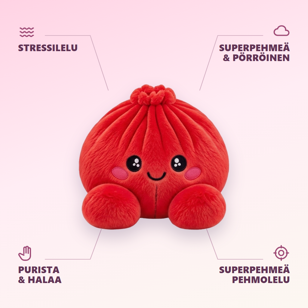 Dumpling Squishy Rubiininpunainen Pehmolelu infografiikka: tärkeimmät edut
