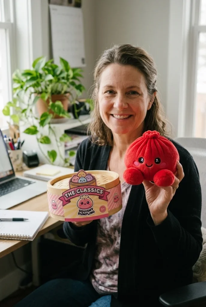 Dumpling Squishy Rubiininpunainen Pehmolelu pakkauksensa kanssa