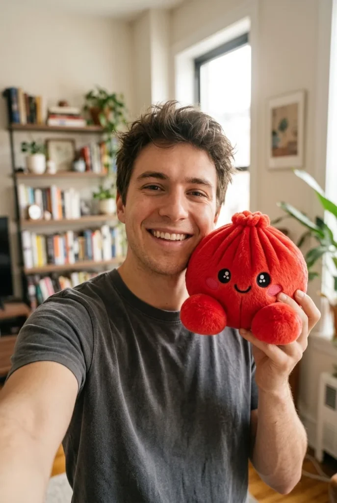 Dumpling Squishy Rubiininpunainen Pehmolelu arjen keskellä