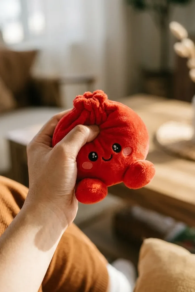 Dumpling Squishy Rubiininpunainen Pehmolelu puristuksessa