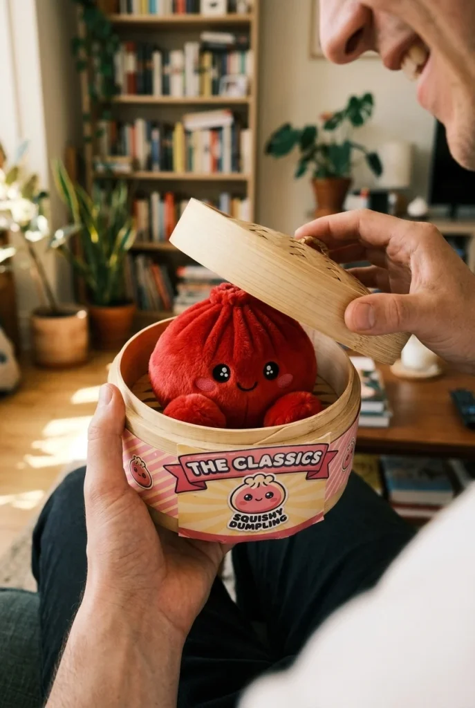 Dumpling Squishy Rubiininpunainen Pehmolelu avauksen hetkellä