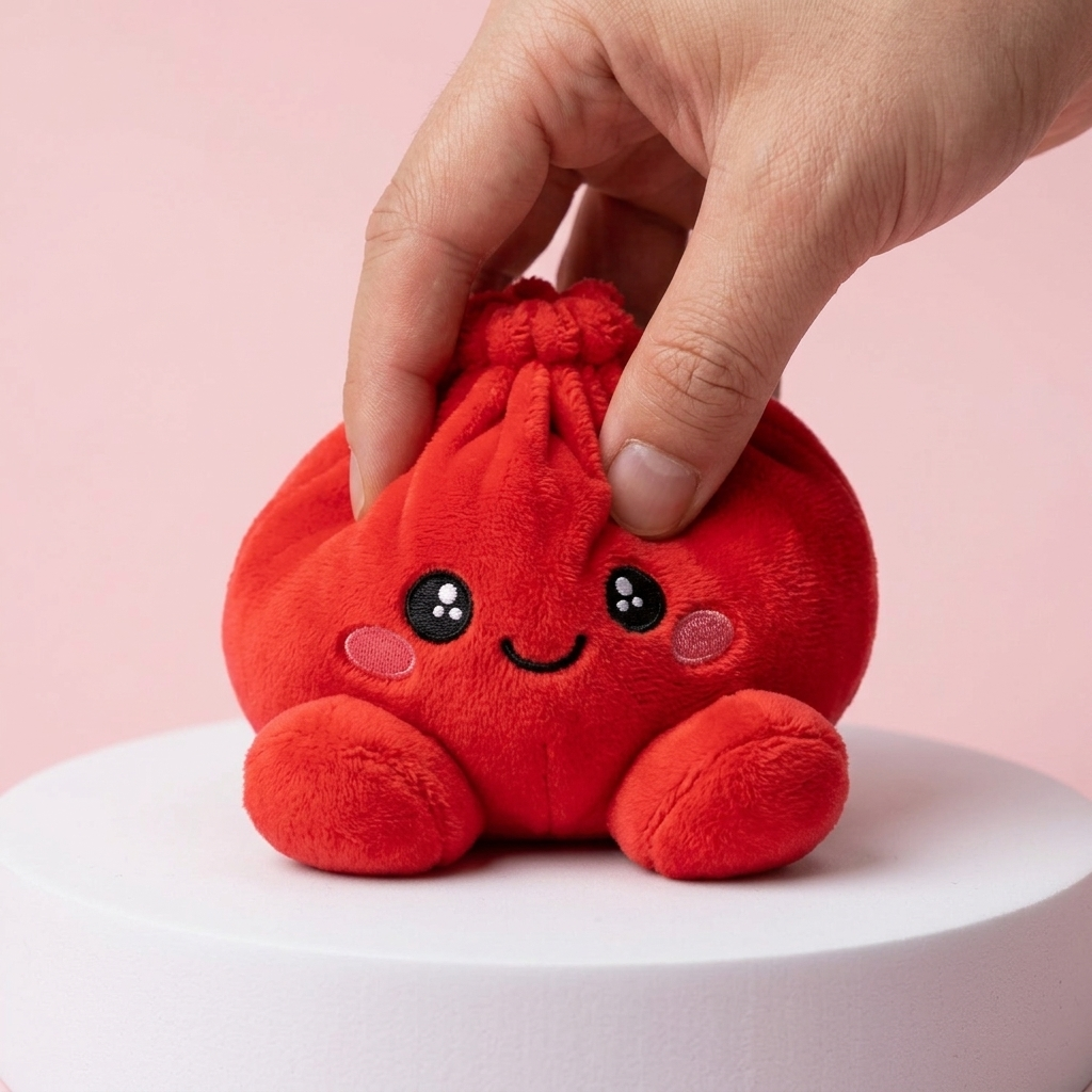 Dumpling Squishy Rubiininpunainen Pehmolelu puristettuna kädessä