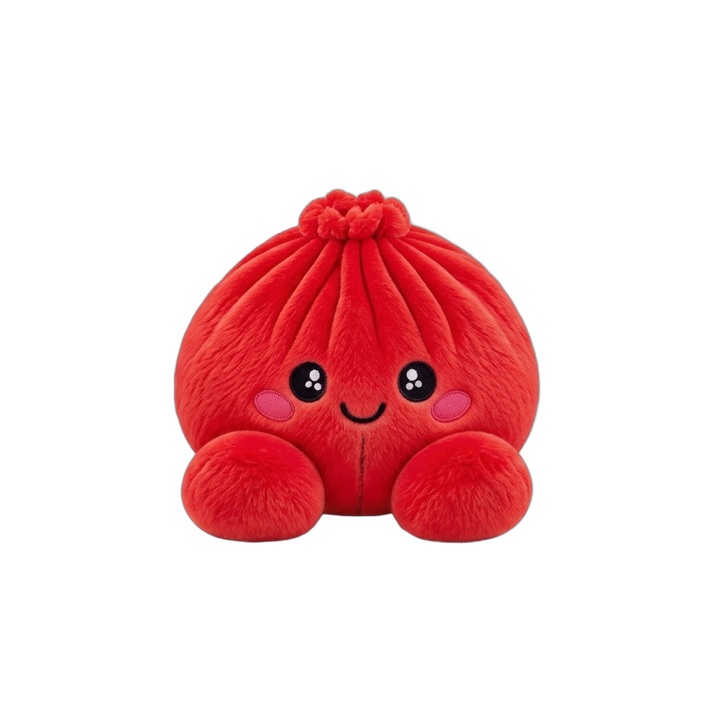 Dumpling Squishy Rubiininpunainen Pehmolelu puristettuna kädessä