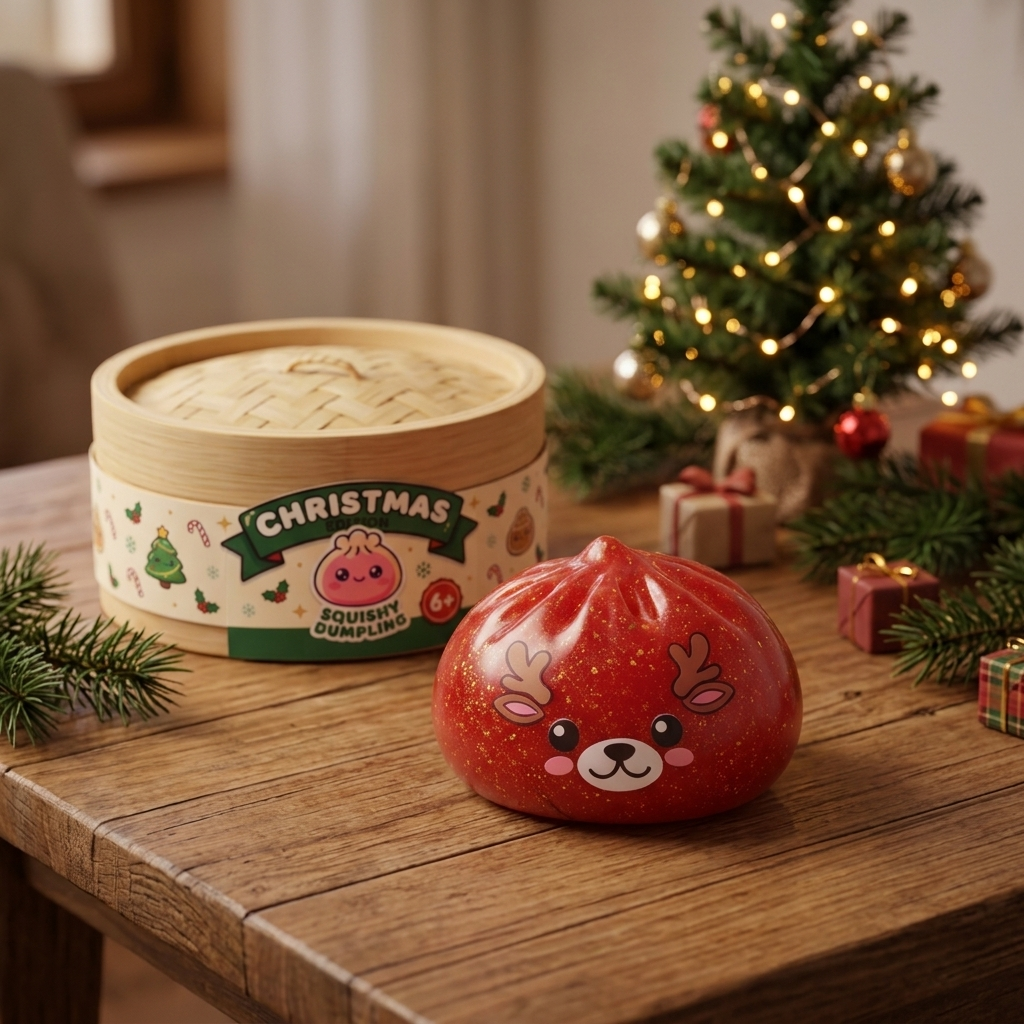 Glitter Dumpling Squishy Punainen Poro arkisessa asetelmassa