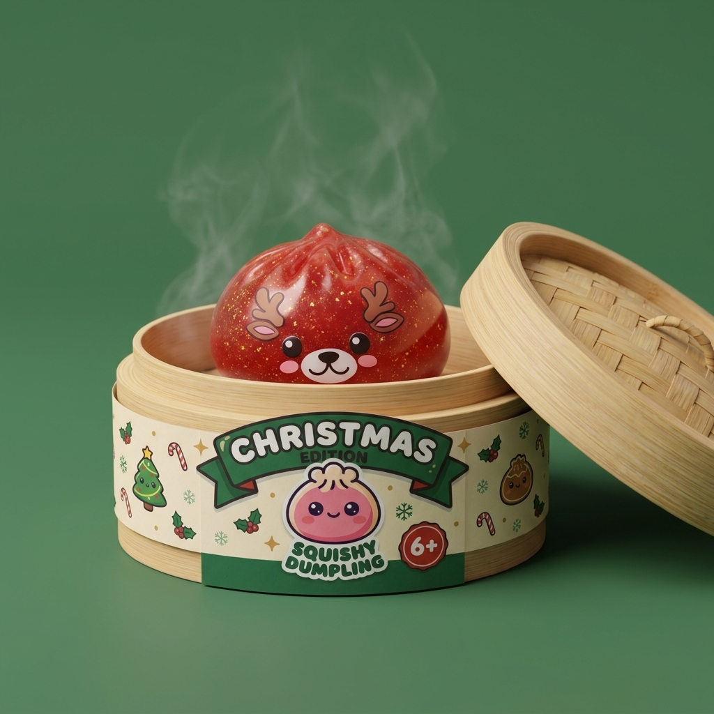 Glitter Dumpling Squishy Punainen Poro bambutyylisessä höyrytyskorissa