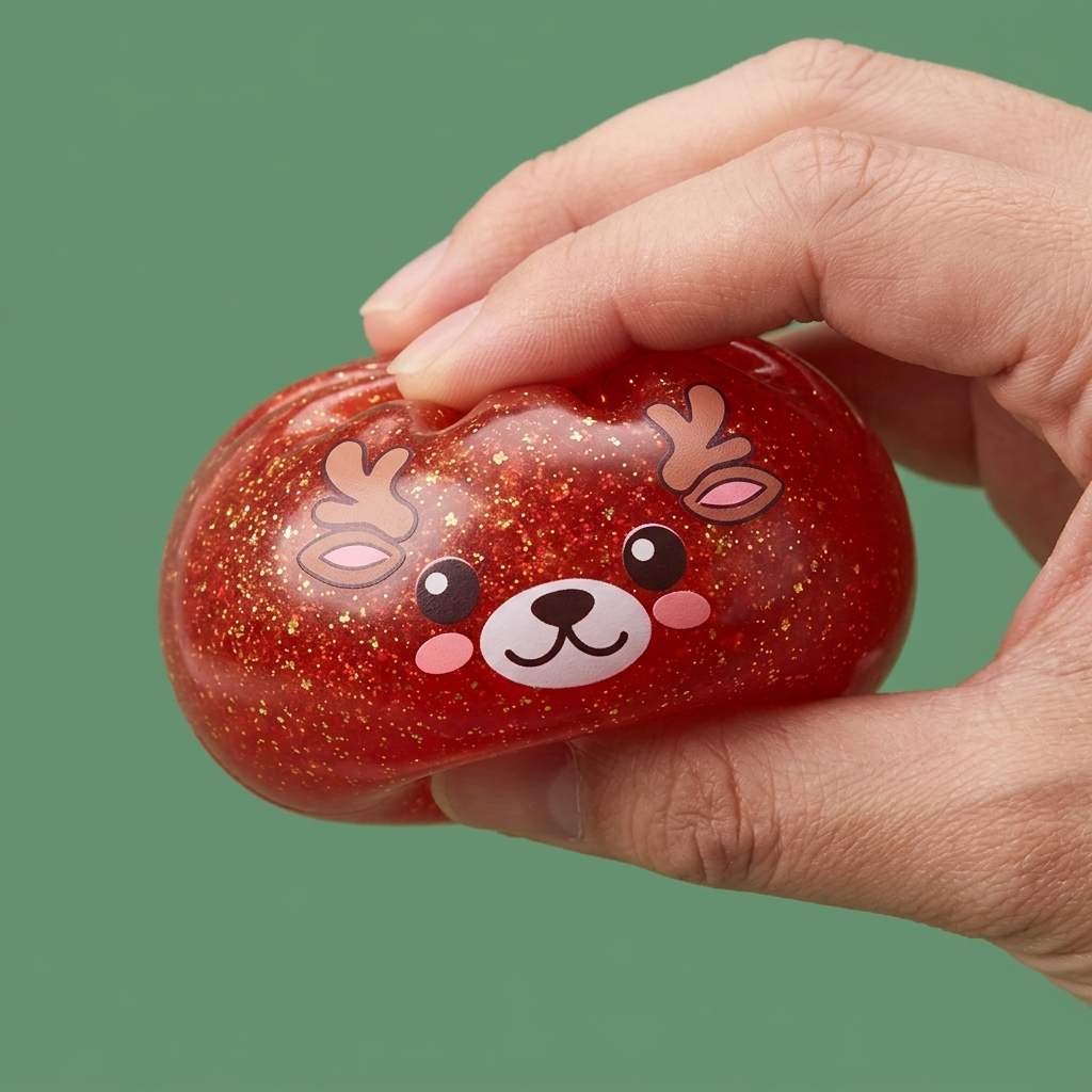 Glitter Dumpling Squishy Punainen Poro puristettuna kädessä
