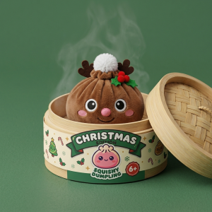 Reindeer Dumpling Squishy Jouluporo bambutyylisessä höyrytyskorissa