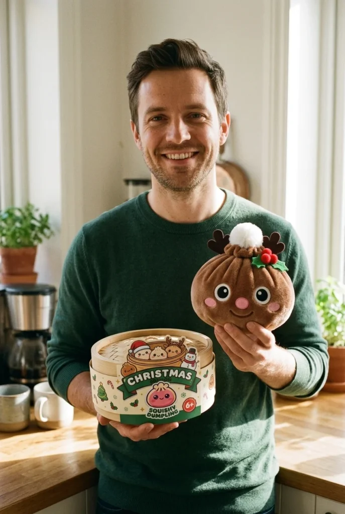 Reindeer Dumpling Squishy Jouluporo pakkauksensa kanssa