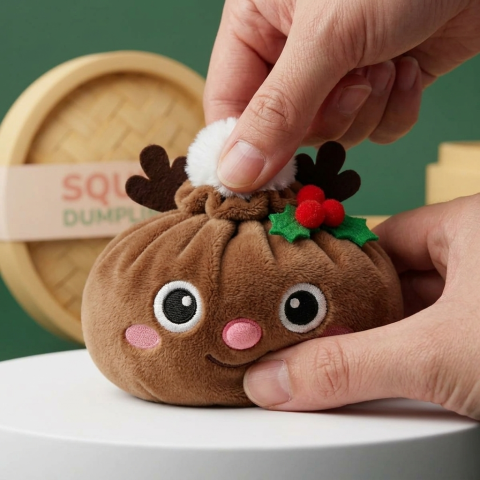 Reindeer Dumpling Squishy Jouluporo puristettuna kädessä