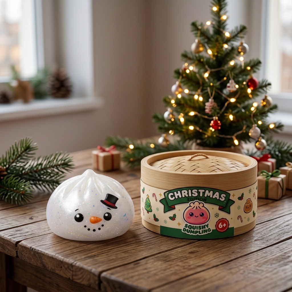 Glitter Snowman Dumpling Squishy Lumiukko arkisessa asetelmassa
