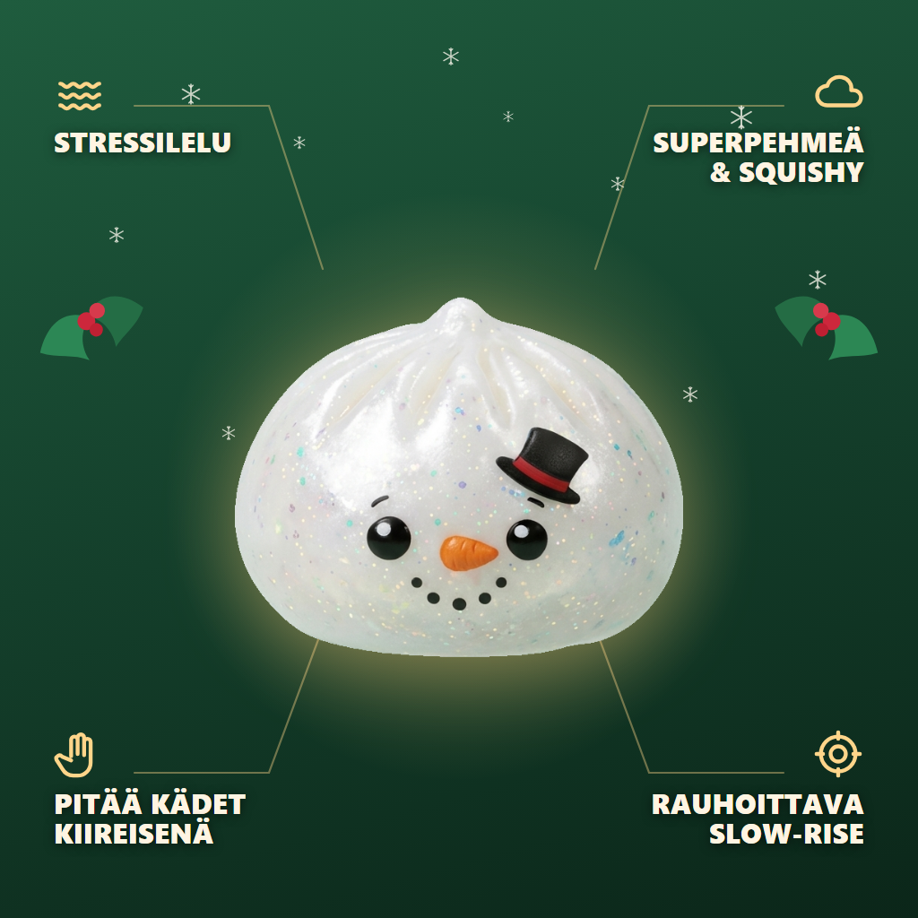 Glitter Snowman Dumpling Squishy Lumiukko infografiikka: tärkeimmät edut