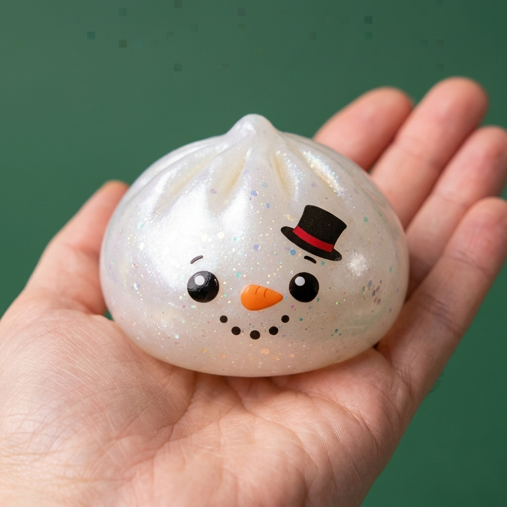 Glitter Snowman Dumpling Squishy Lumiukko kädessä — kokovertailu