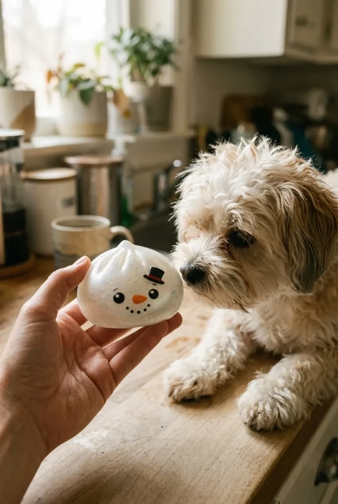 Glitter Snowman Dumpling Squishy Lumiukko pehmolelun seurassa