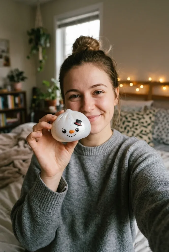 Glitter Snowman Dumpling Squishy Lumiukko arjen keskellä