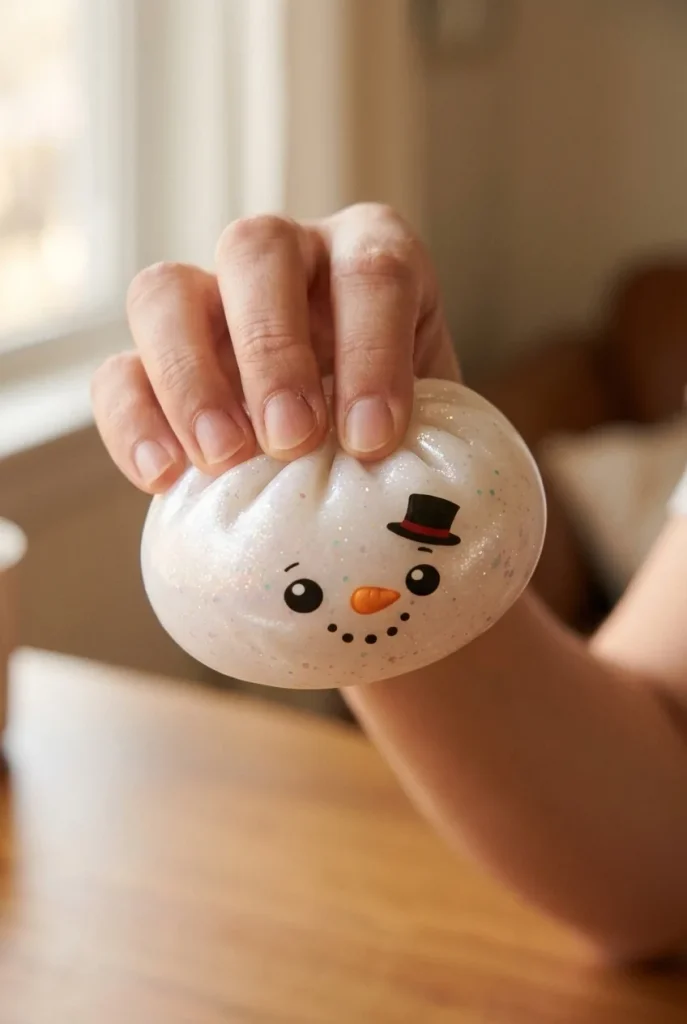 Glitter Snowman Dumpling Squishy Lumiukko puristuksessa