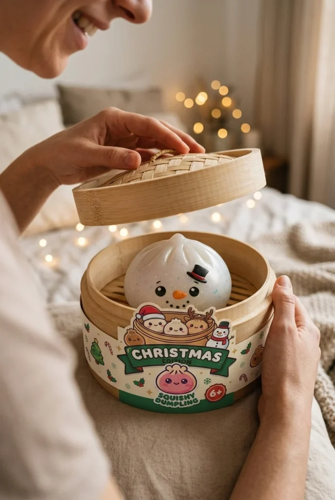 Glitter Snowman Dumpling Squishy Lumiukko avauksen hetkellä