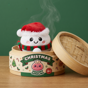 Dumpling Squishy Lumiukko Joulupipossa bambutyylisessä höyrytyskorissa