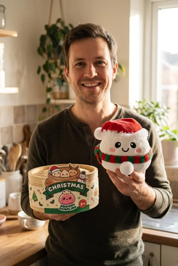 Dumpling Squishy Lumiukko Joulupipossa pakkauksensa kanssa