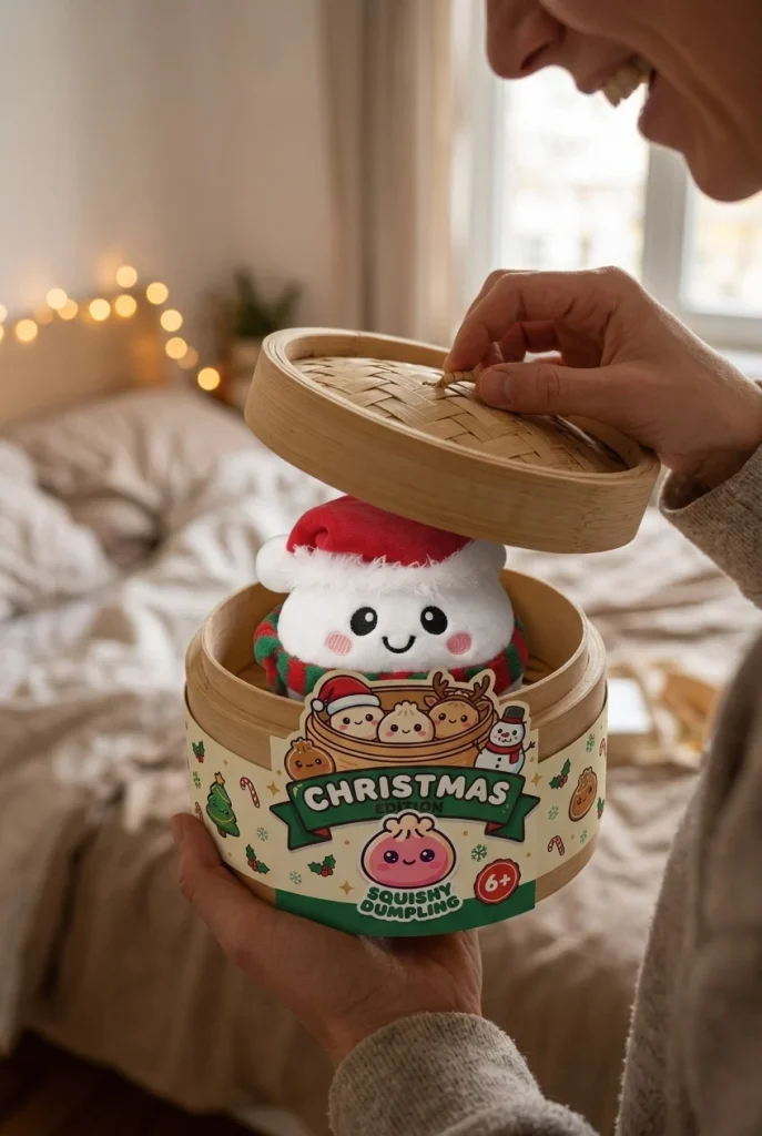Dumpling Squishy Lumiukko Joulupipossa avauksen hetkellä