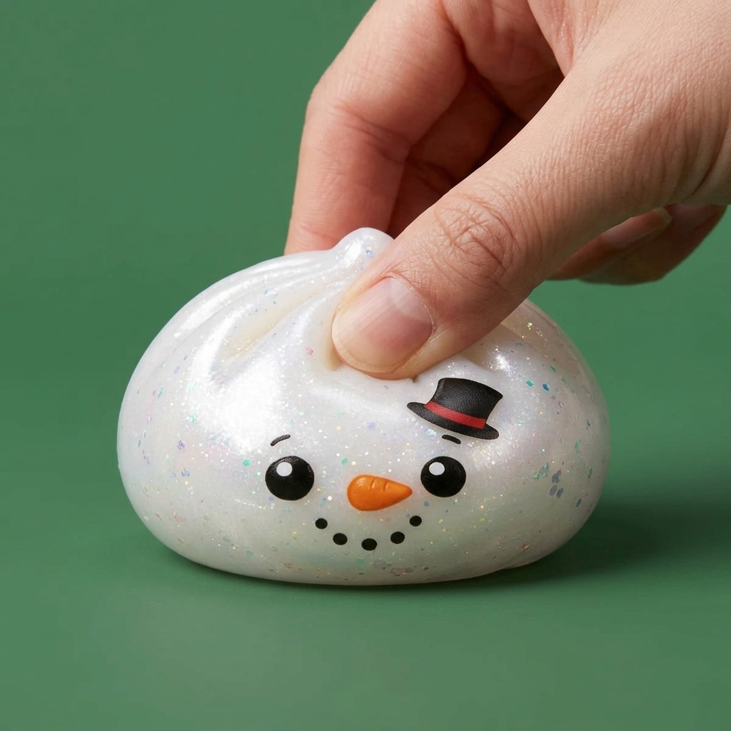 Glitter Snowman Dumpling Squishy Lumiukko puristettuna kädessä