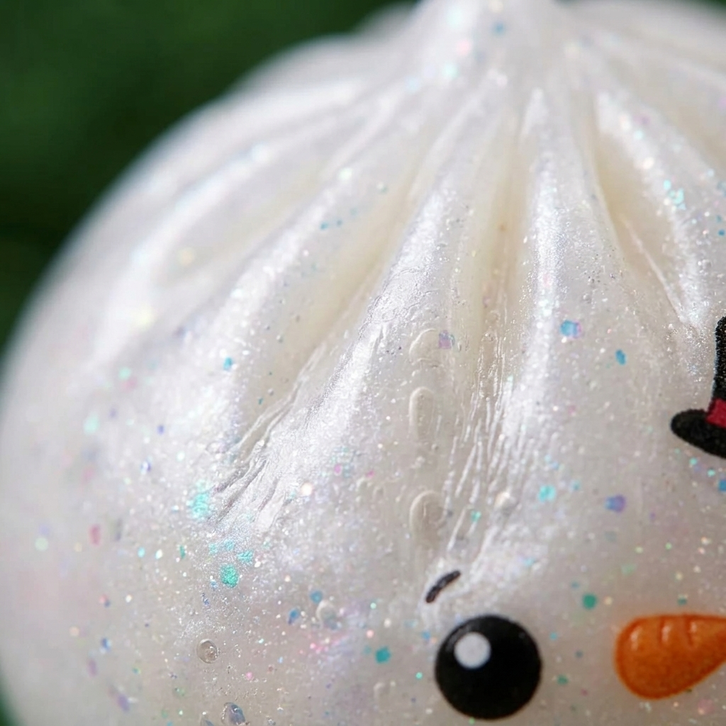 Glitter Snowman Dumpling Squishy Lumiukko makrokuva vaahdon pinnasta