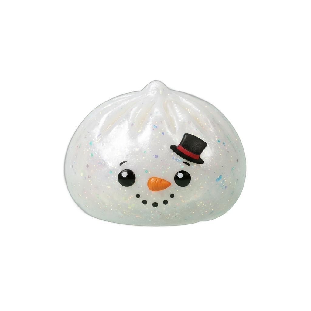 Glitter Snowman Dumpling Squishy Lumiukko puristettuna kädessä