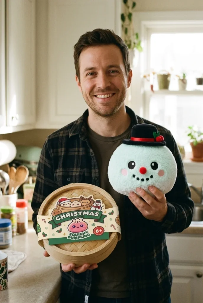 Dumpling Squishy Lumiukko Silinterihattu pakkauksensa kanssa