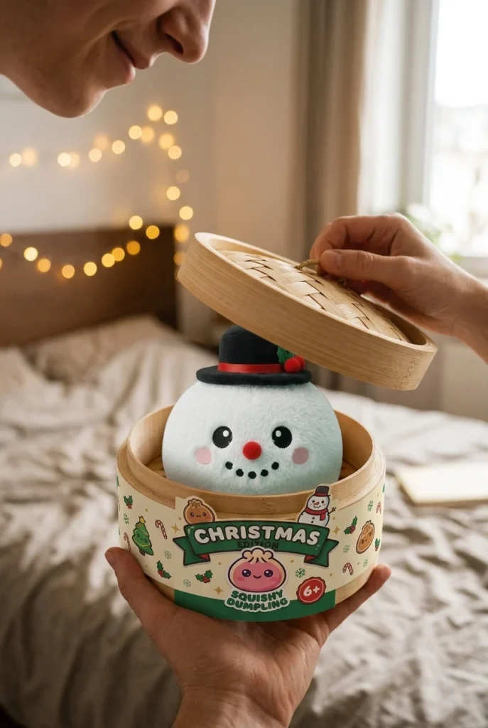 Dumpling Squishy Lumiukko Silinterihattu avauksen hetkellä