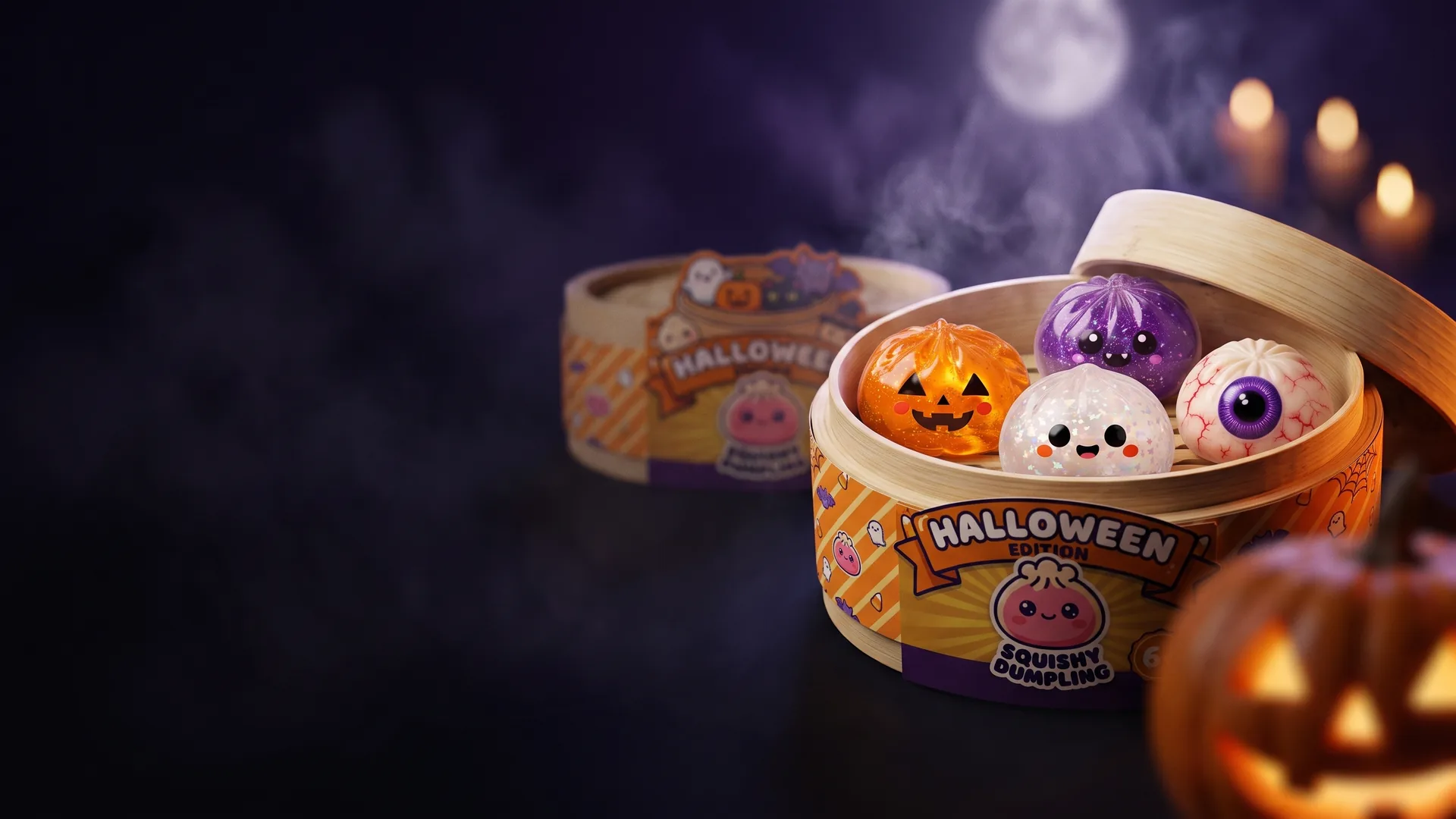 Halloween-squishyt höyrykoreissaan kurpitsojen ja kynttilöiden keskellä