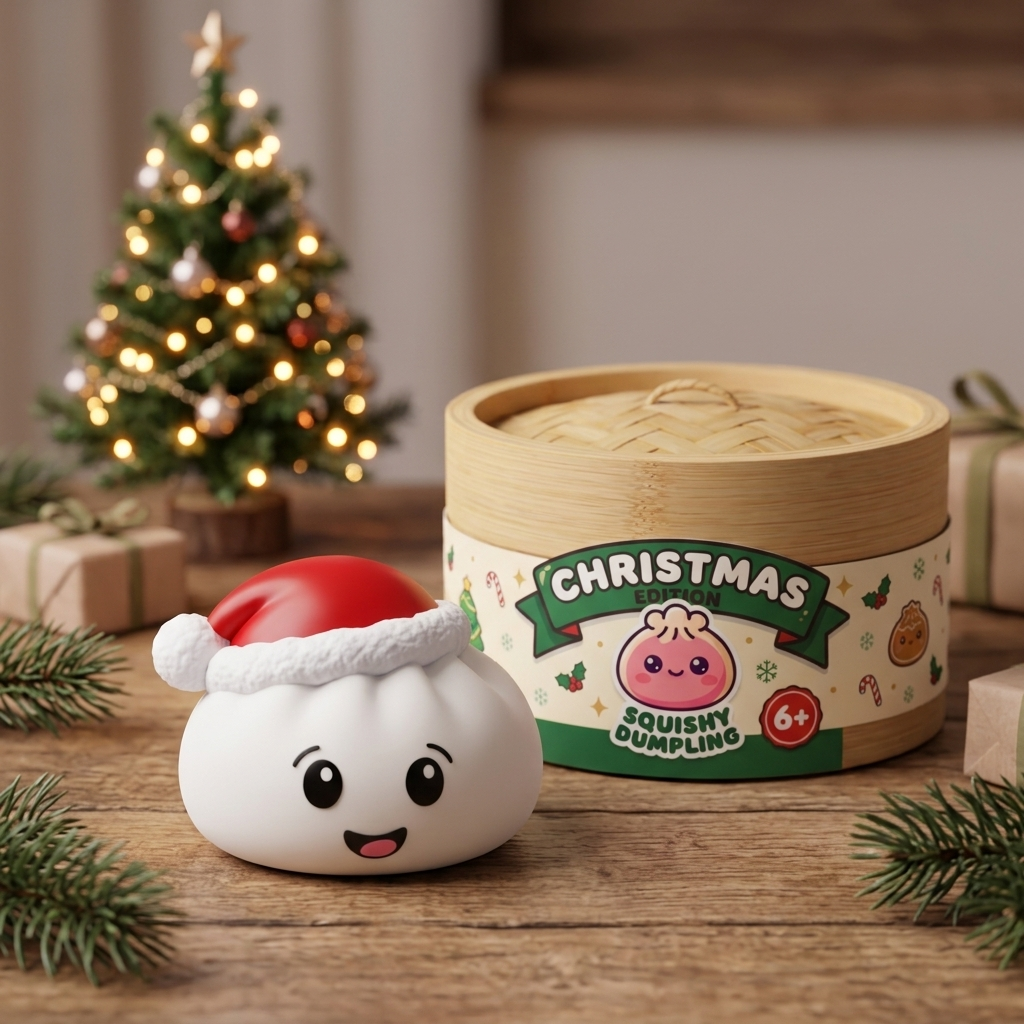 Jouluhattu Dumpling Squishy Valkoinen arkisessa asetelmassa